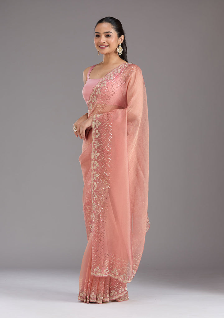 Peach Tissue Gold Stonework Saree With Matching Blouse Piece