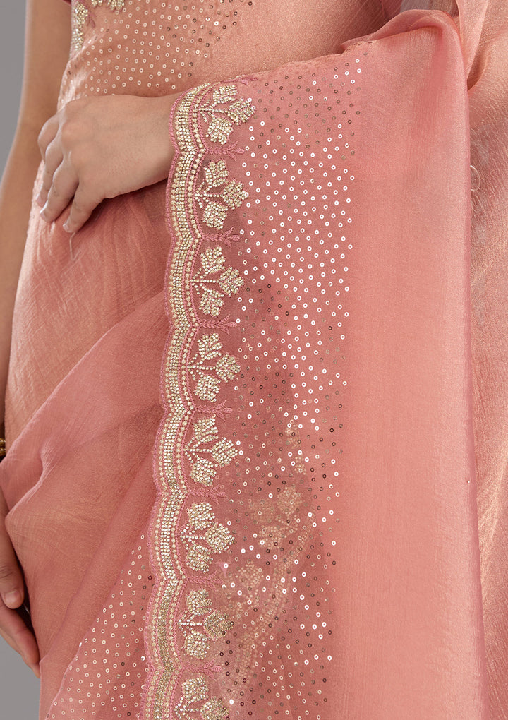 Peach Tissue Gold Stonework Saree With Matching Blouse Piece
