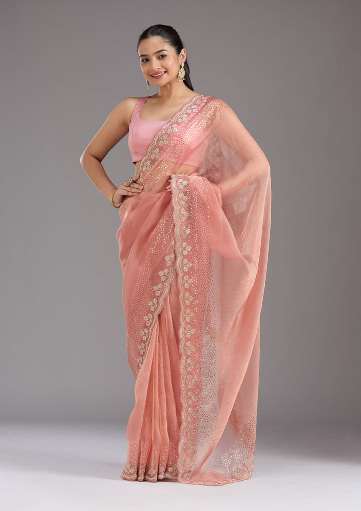 Peach Tissue Gold Stonework Saree With Matching Blouse Piece