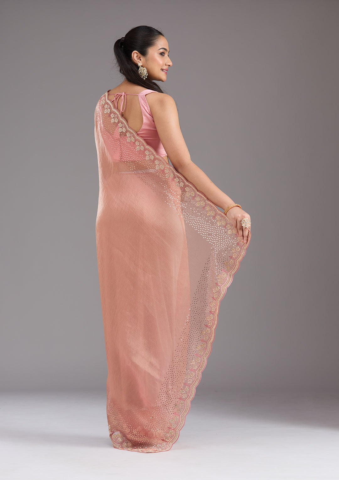 Peach Tissue Gold Stonework Saree With Matching Blouse Piece