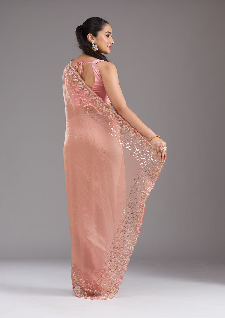 Peach Tissue Gold Stonework Saree With Matching Blouse Piece