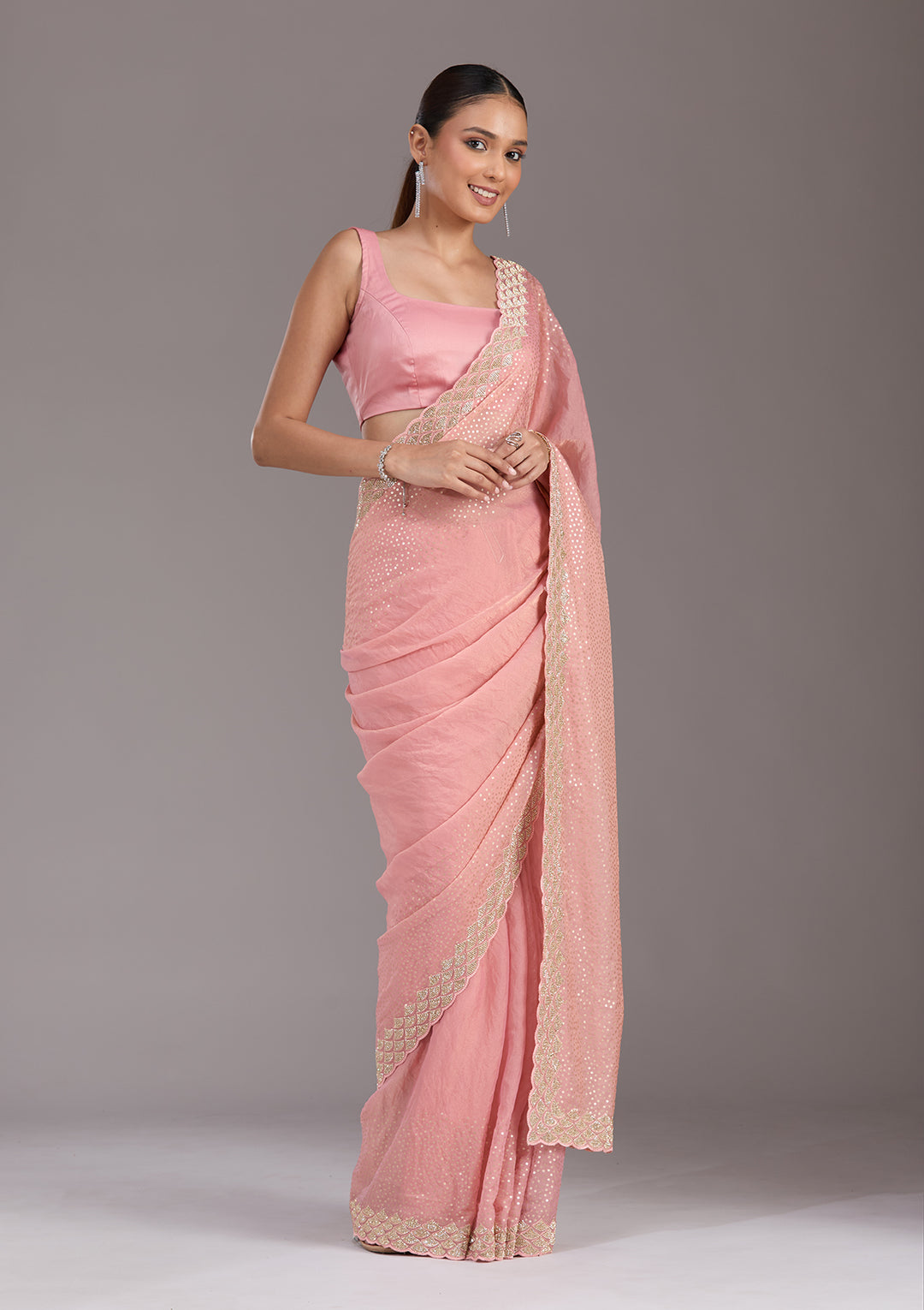 Baby Pink Sequins Tissue Saree