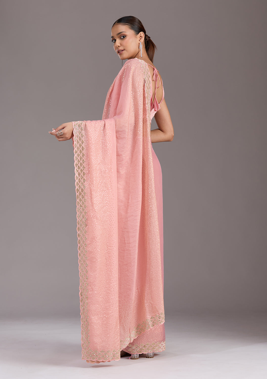 Baby Pink Sequins Tissue Saree