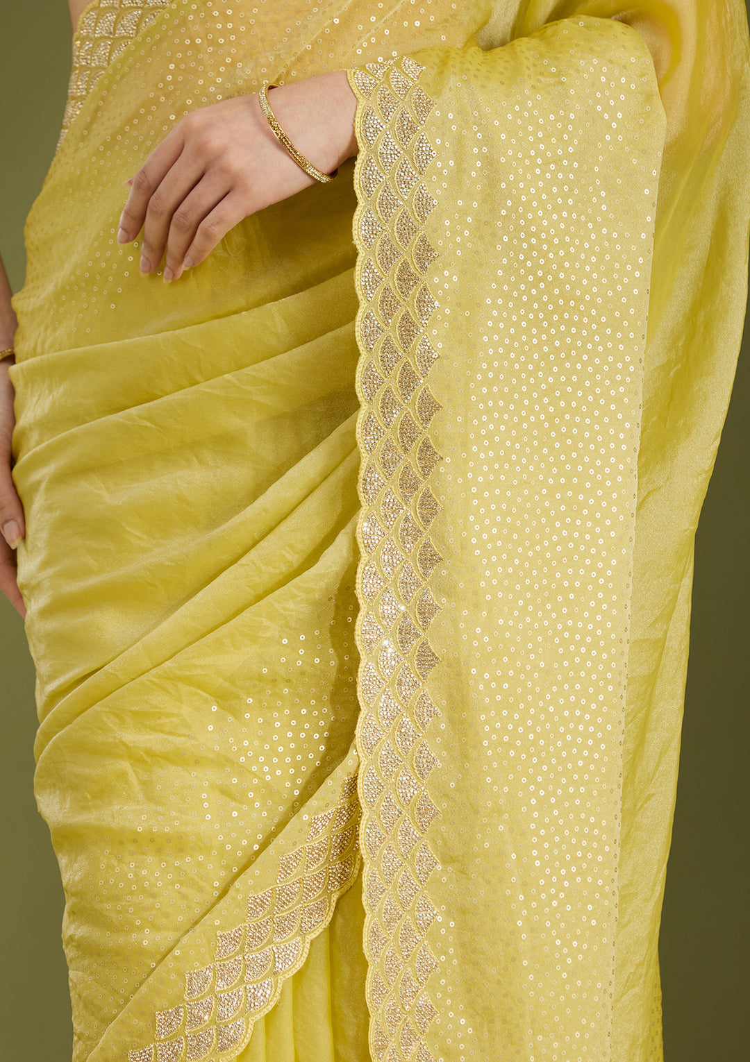 Lime Green Sequins Tissue Saree