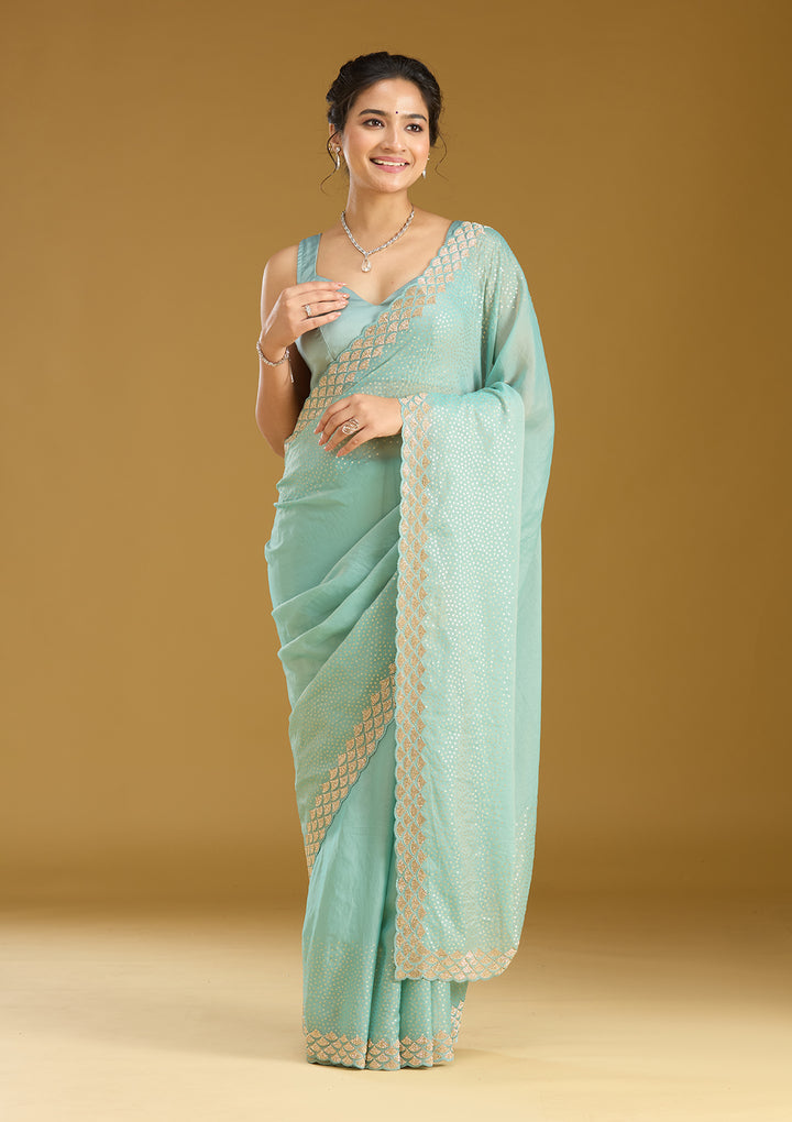 Sea Green Sequins Tissue Saree
