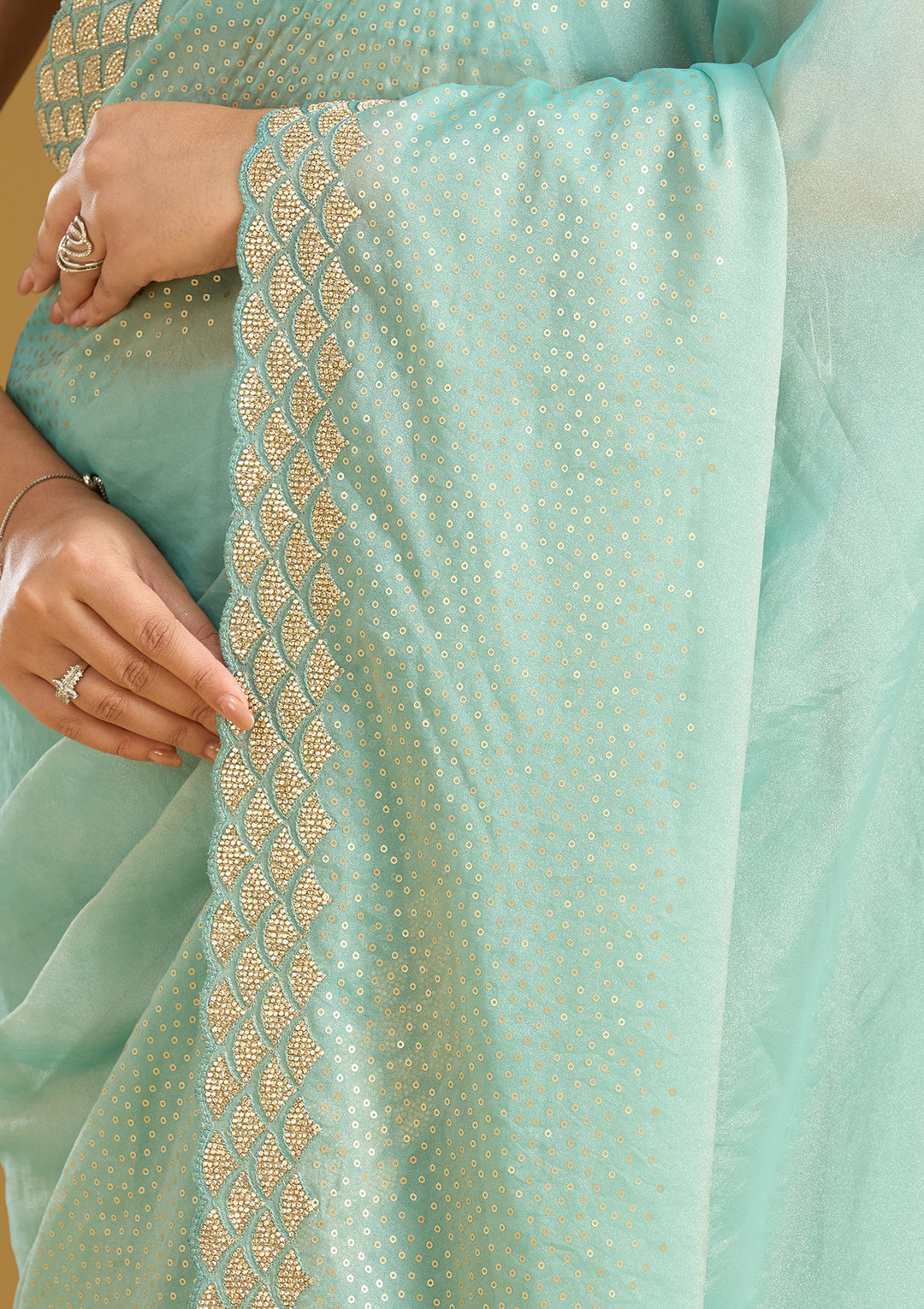 Sea Green Sequins Tissue Saree