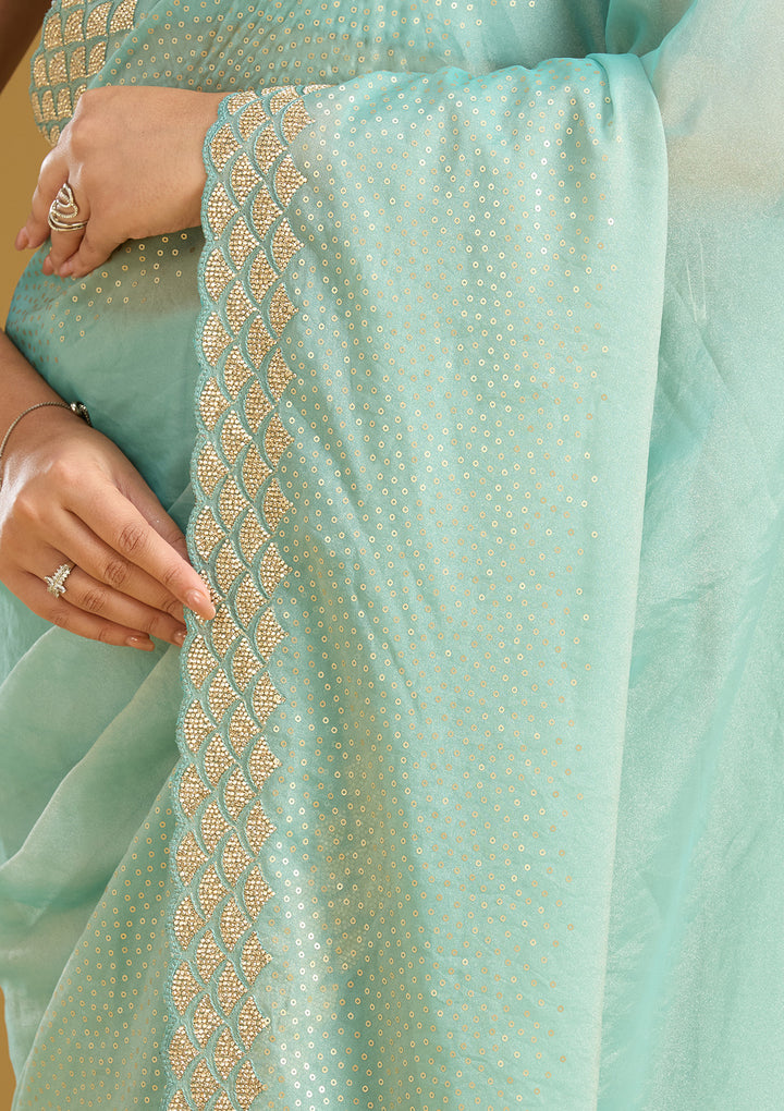 Sea Green Sequins Tissue Saree