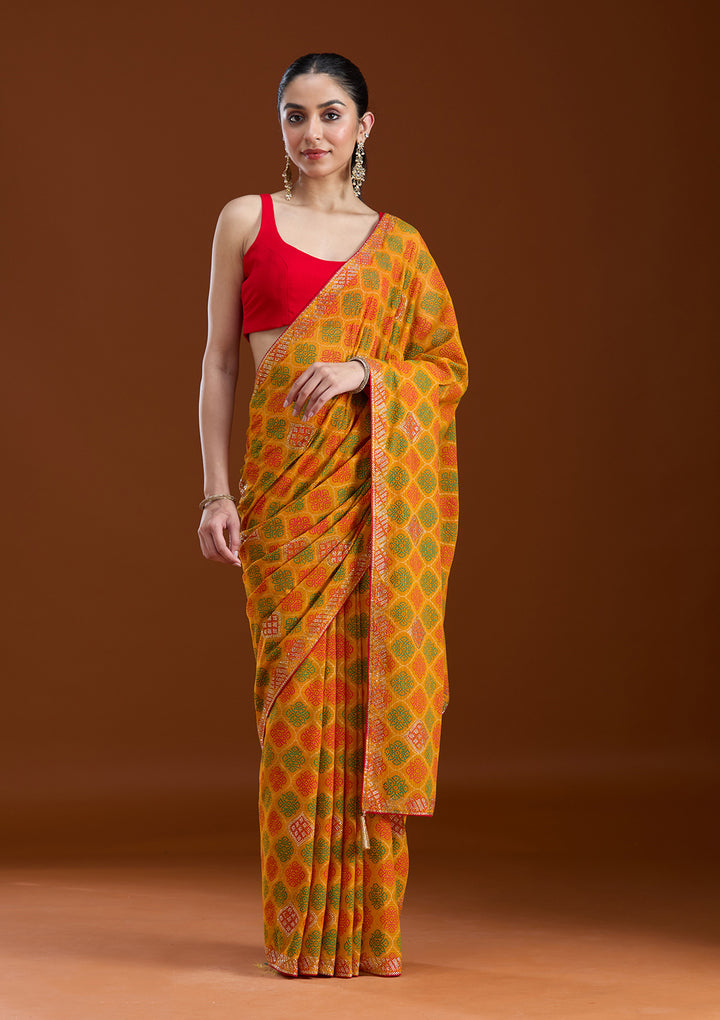 Mustard Stonework (Gold) Georgette Saree