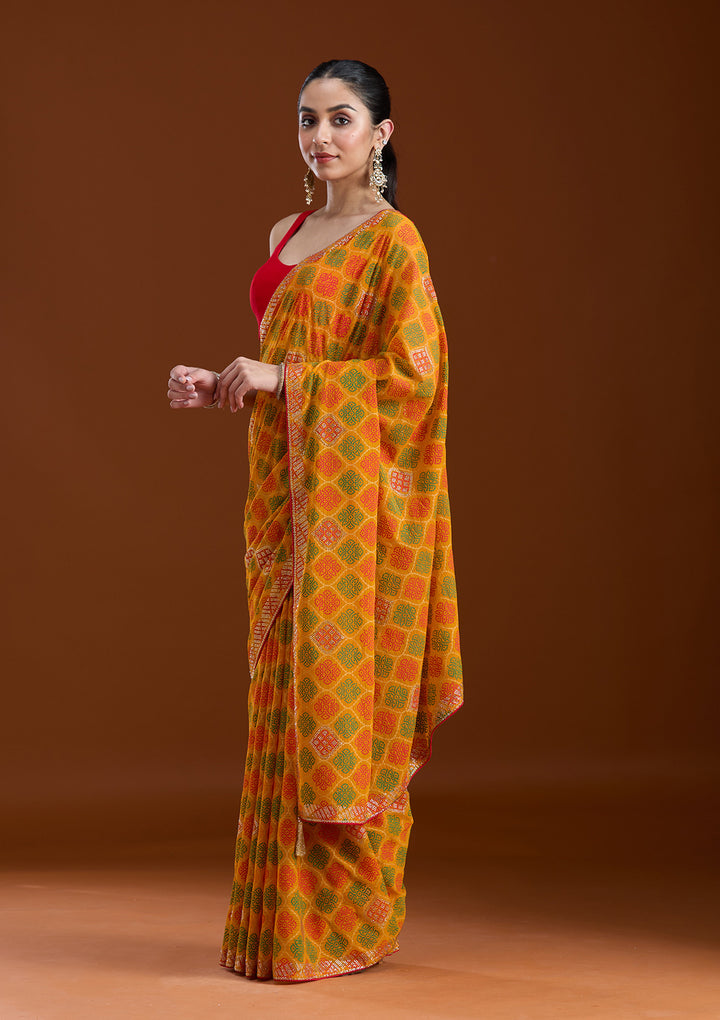 Mustard Stonework (Gold) Georgette Saree