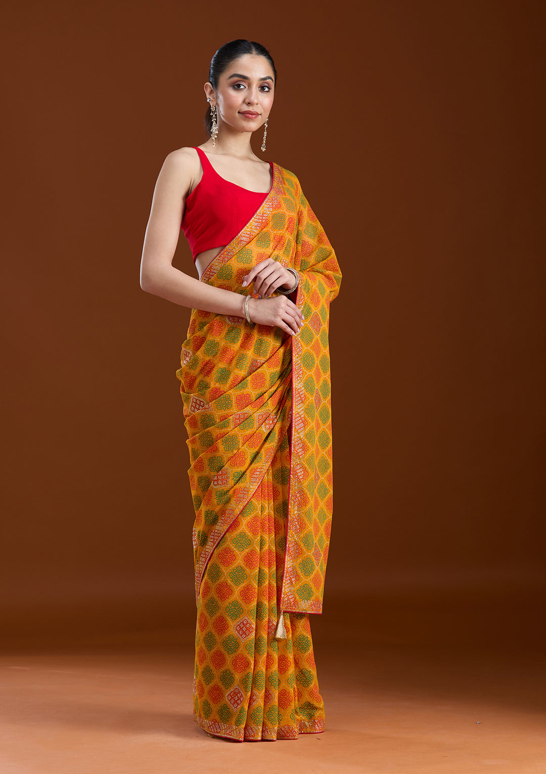 Mustard Stonework (Gold) Georgette Saree