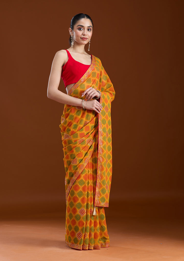 Mustard Stonework (Gold) Georgette Saree