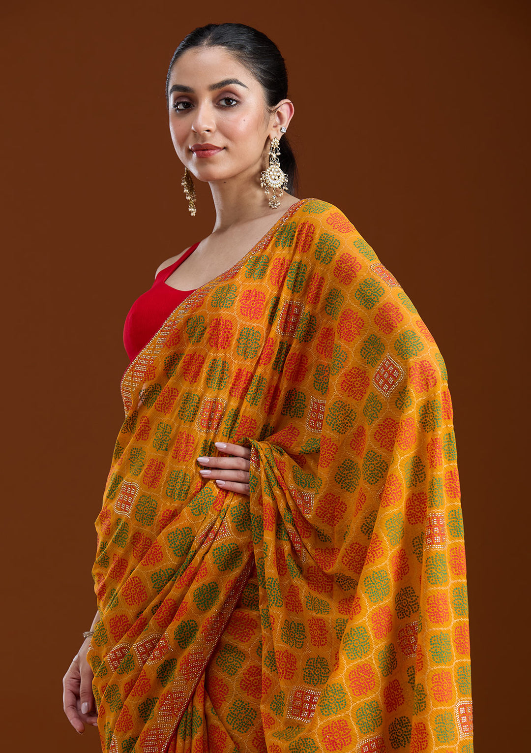Mustard Stonework (Gold) Georgette Saree