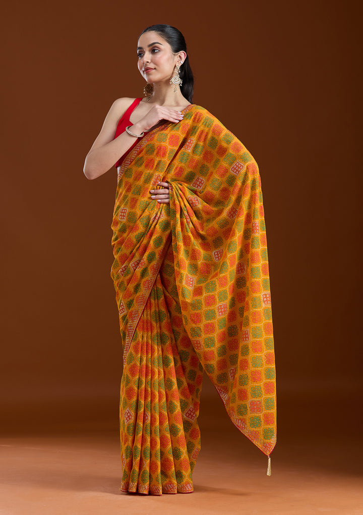Mustard Stonework (Gold) Georgette Saree
