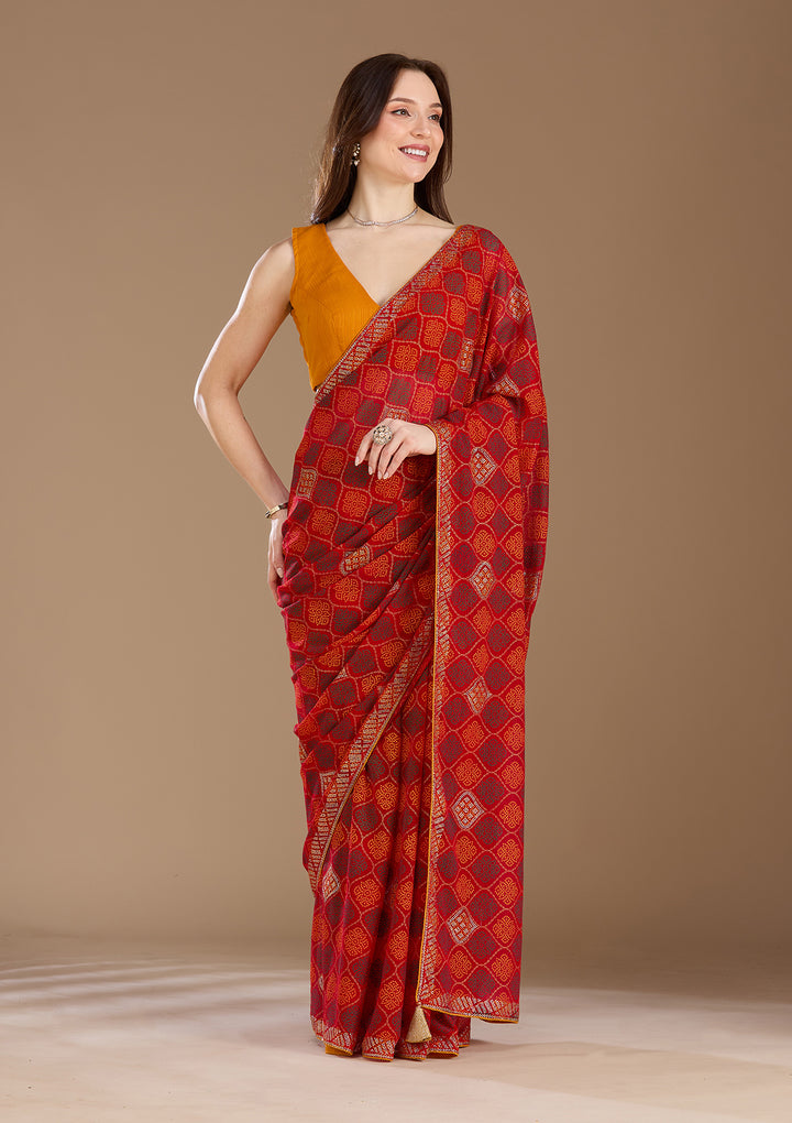 Red Georgette Bandhej Gold Stonework Saree With Matching Blouse Piece
