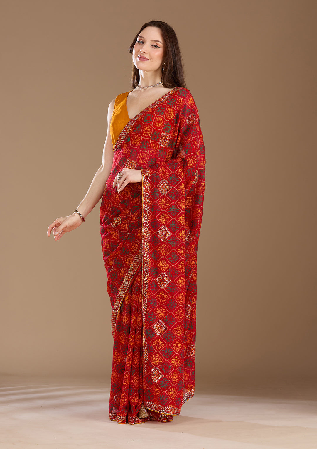 Red Georgette Bandhej Gold Stonework Saree With Matching Blouse Piece