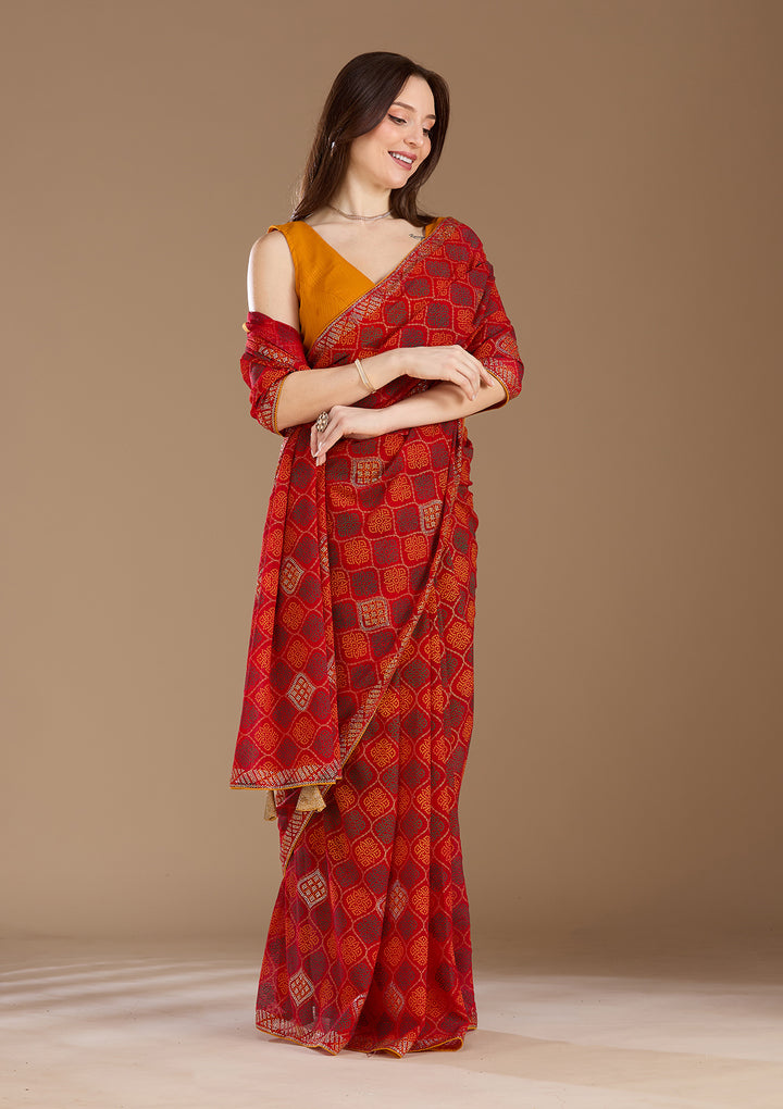 Red Georgette Bandhej Gold Stonework Saree With Matching Blouse Piece