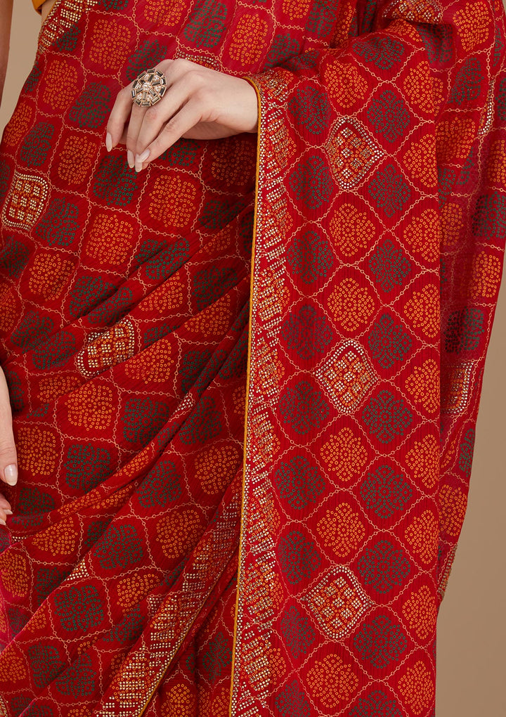 Red Georgette Bandhej Gold Stonework Saree With Matching Blouse Piece
