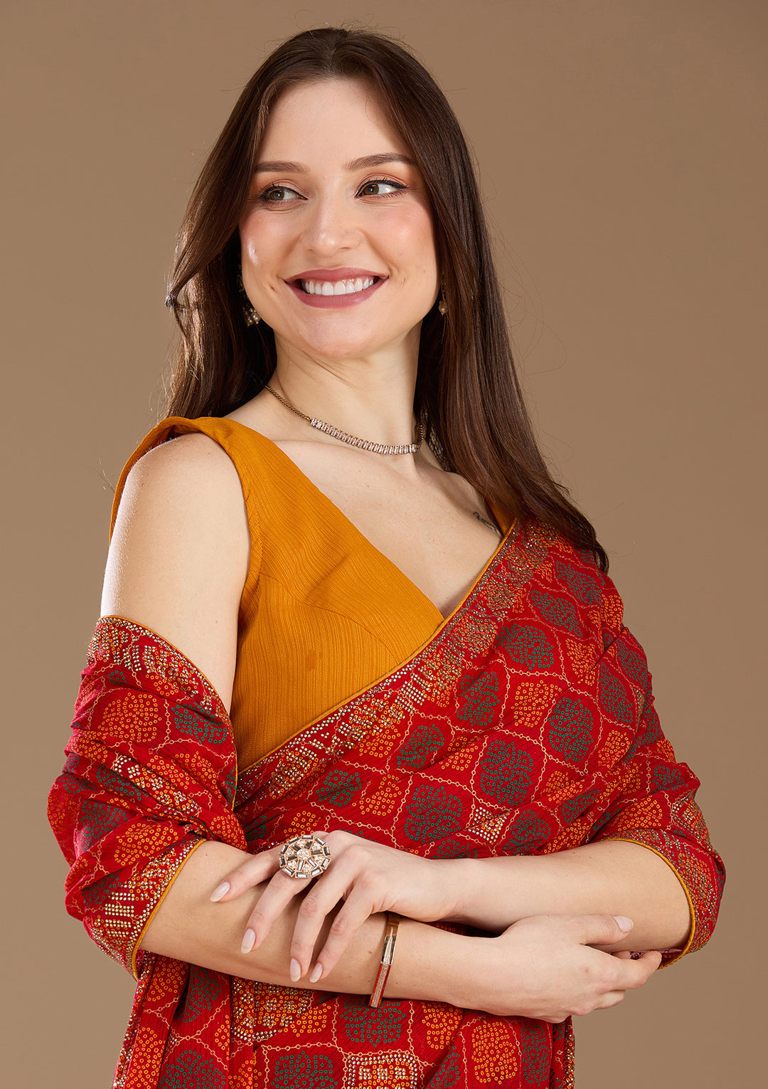 Red Georgette Bandhej Gold Stonework Saree With Matching Blouse Piece