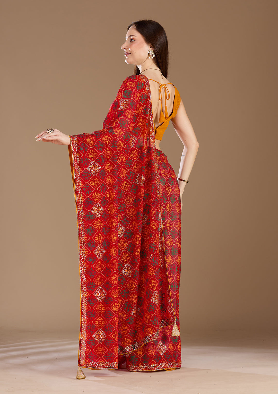 Red Georgette Bandhej Gold Stonework Saree With Matching Blouse Piece