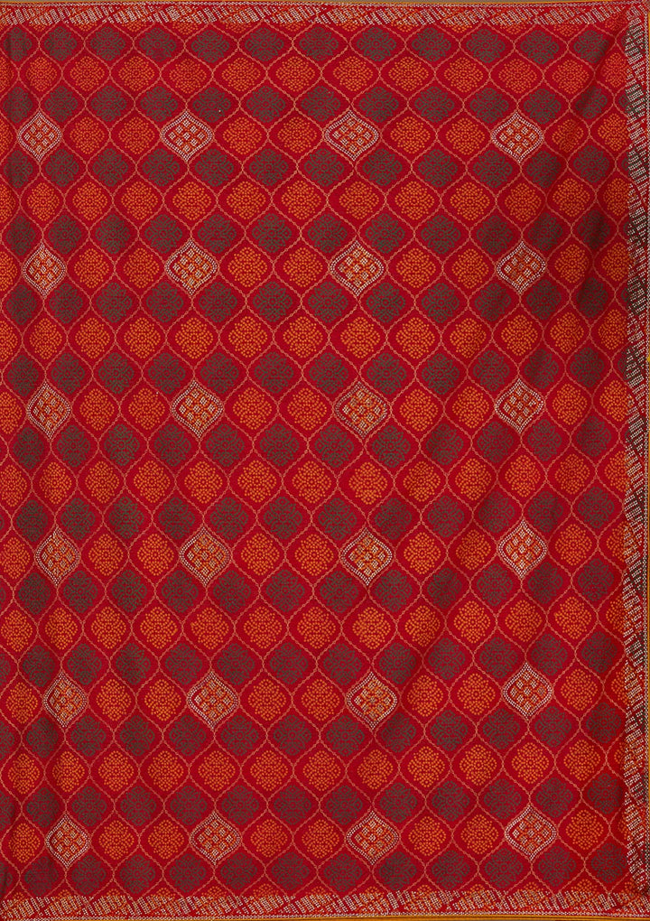 Red Georgette Bandhej Gold Stonework Saree With Matching Blouse Piece