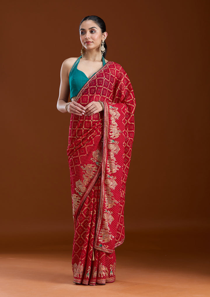 Red Georgette Bandhej Gold Stonework Saree With Matching Blouse Piece