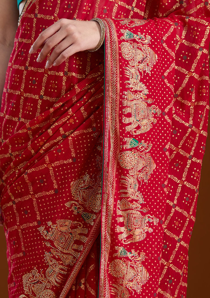 Red Georgette Bandhej Gold Stonework Saree With Matching Blouse Piece