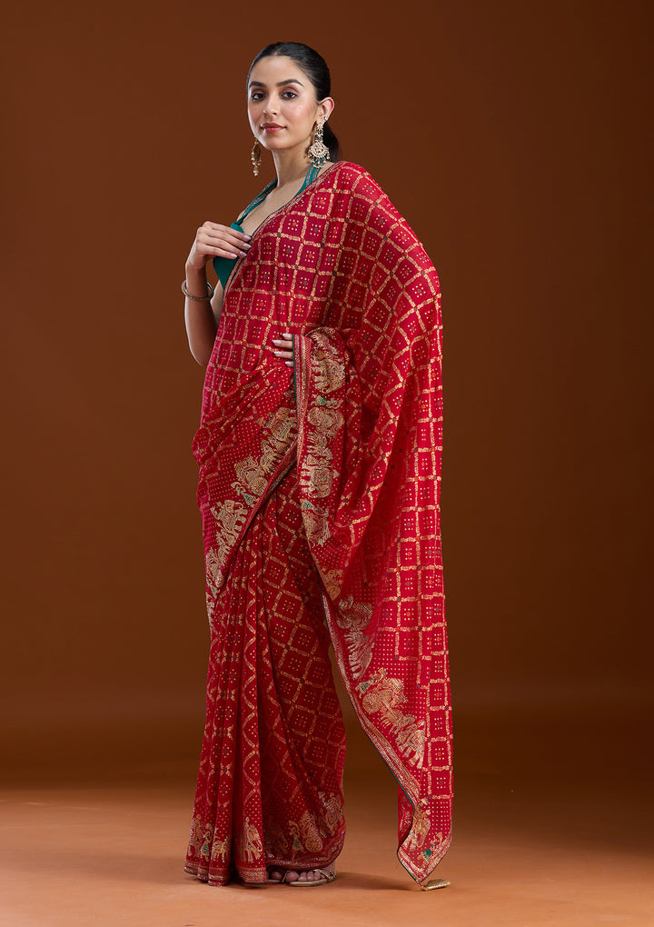 Red Georgette Bandhej Gold Stonework Saree With Matching Blouse Piece