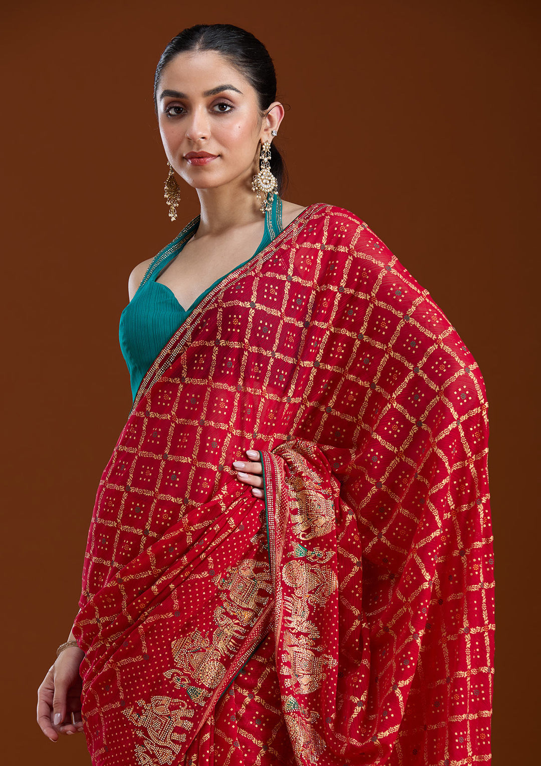 Red Georgette Bandhej Gold Stonework Saree With Matching Blouse Piece