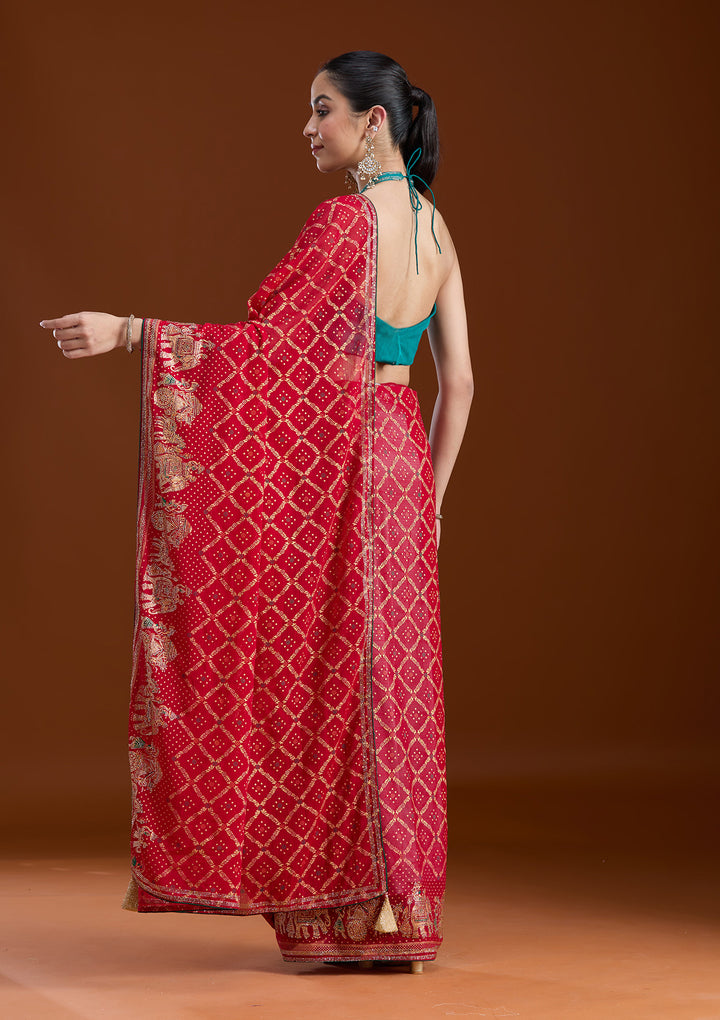 Red Georgette Bandhej Gold Stonework Saree With Matching Blouse Piece