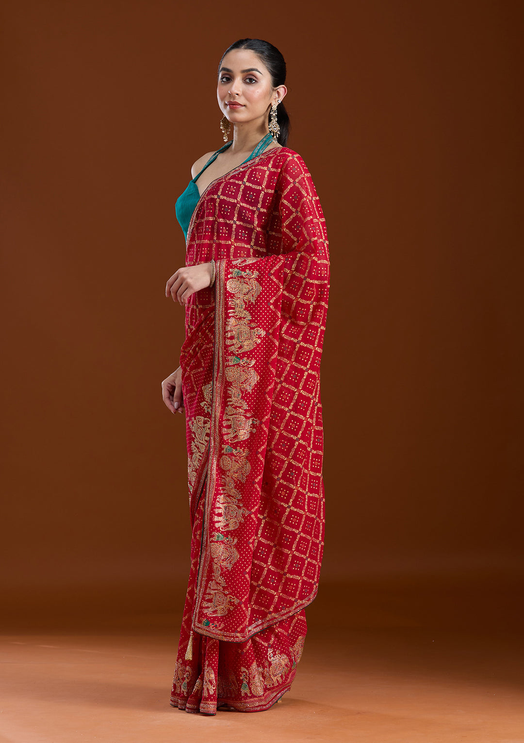 Red Georgette Bandhej Gold Stonework Saree With Matching Blouse Piece