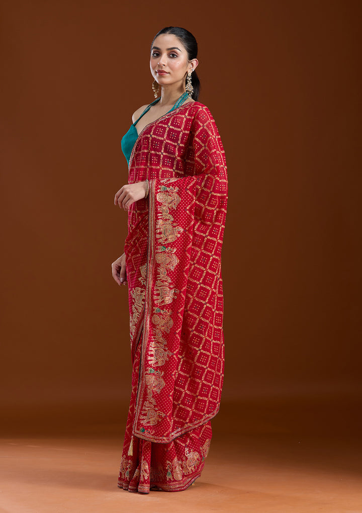 Red Georgette Bandhej Gold Stonework Saree With Matching Blouse Piece