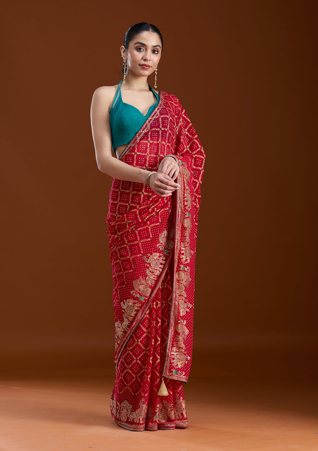 Red Georgette Bandhej Gold Stonework Saree With Matching Blouse Piece