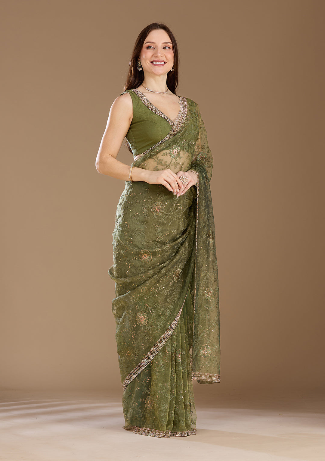 Mehendi Threadwork Tissue Saree