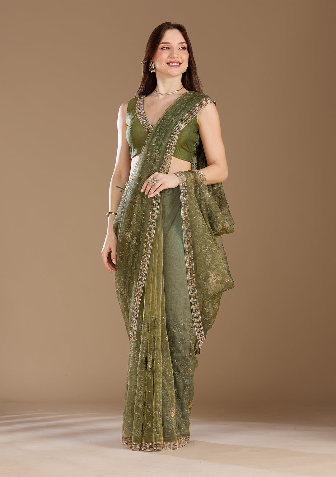 Mehendi Threadwork Tissue Saree