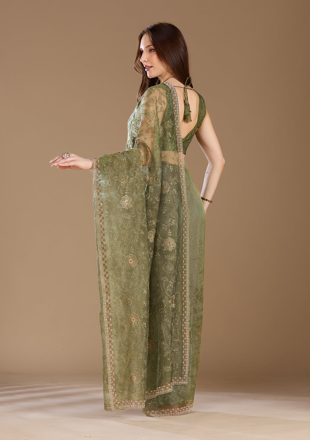 Mehendi Threadwork Tissue Saree