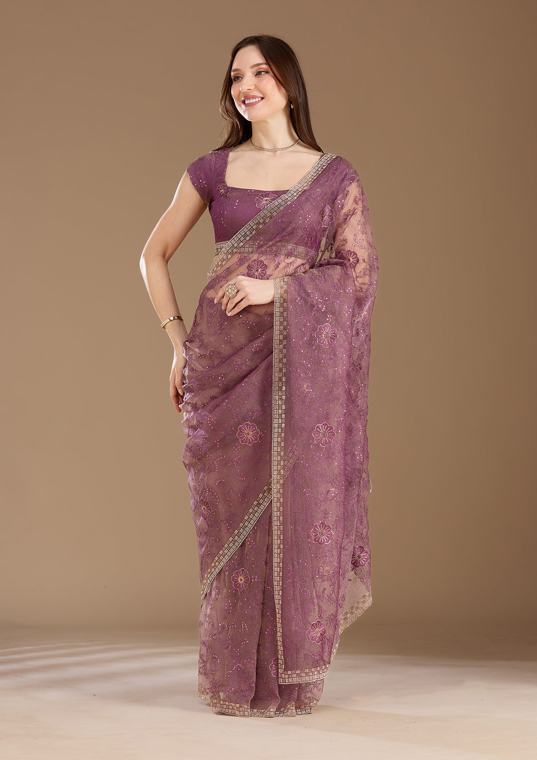 Purple Tissue Threadwork Saree With Matching Blouse Piece
