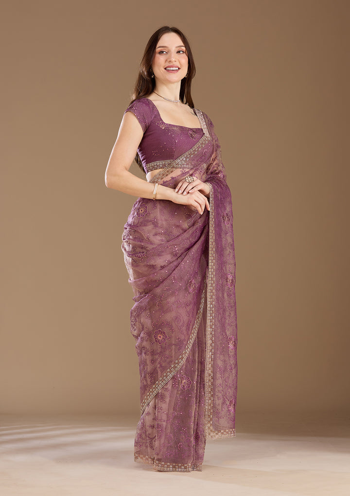 Purple Tissue Threadwork Saree With Matching Blouse Piece