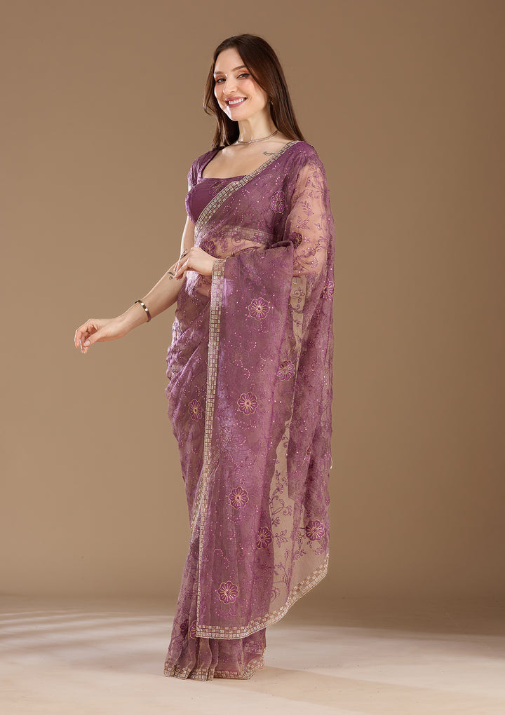 Purple Tissue Threadwork Saree With Matching Blouse Piece