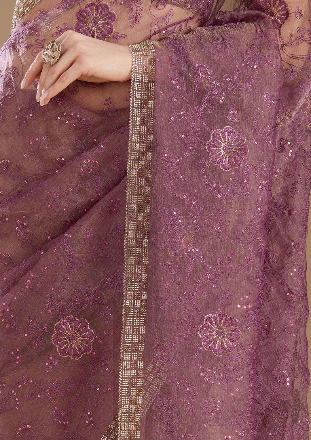 Purple Tissue Threadwork Saree With Matching Blouse Piece