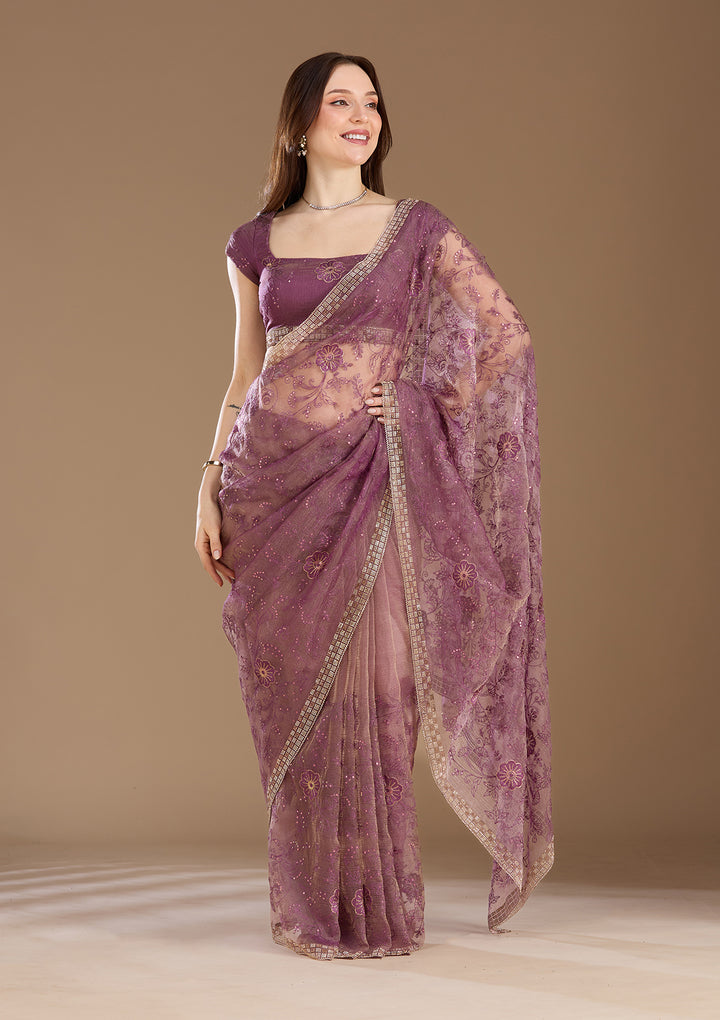 Purple Tissue Threadwork Saree With Matching Blouse Piece
