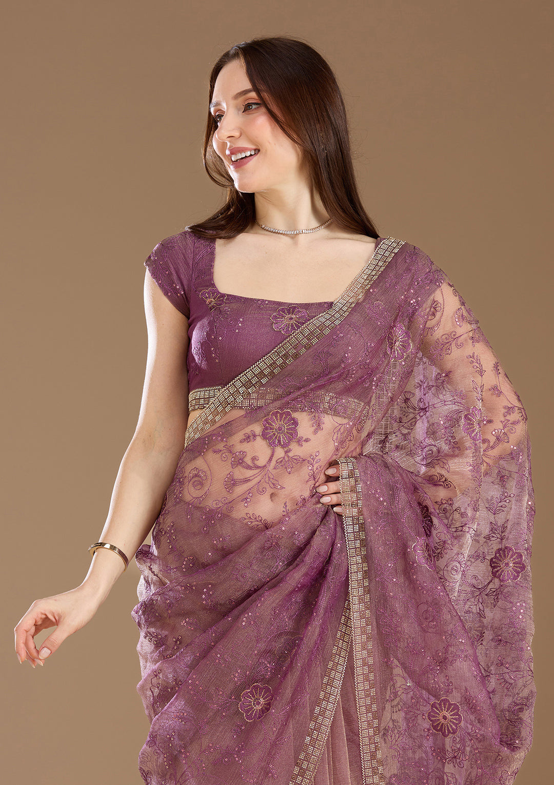 Purple Tissue Threadwork Saree With Matching Blouse Piece