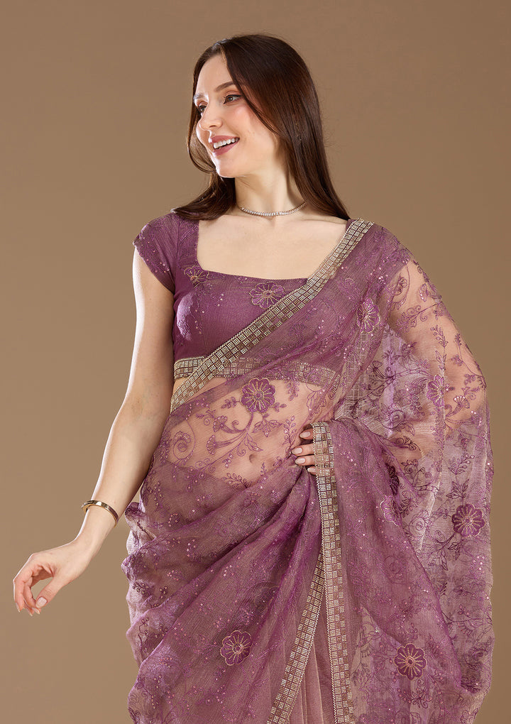 Purple Tissue Threadwork Saree With Matching Blouse Piece