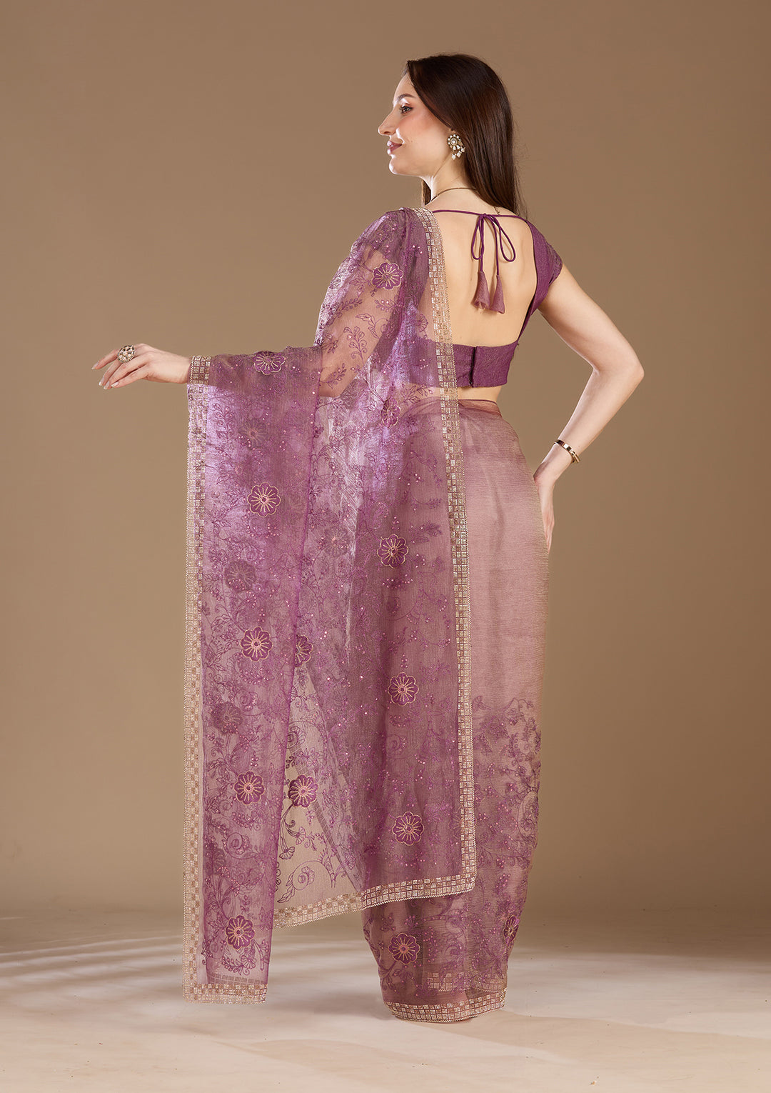 Purple Tissue Threadwork Saree With Matching Blouse Piece