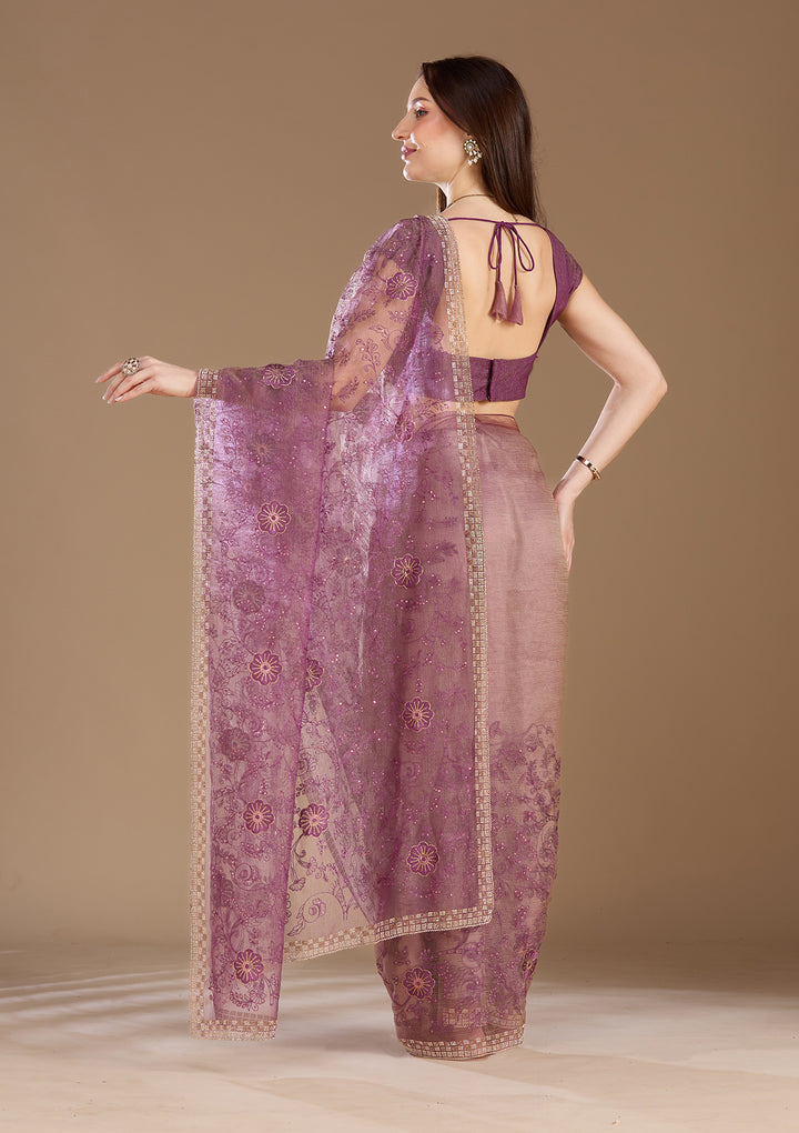 Purple Tissue Threadwork Saree With Matching Blouse Piece