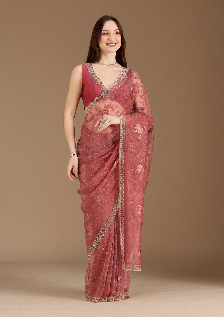Rust Tissue Threadwork Saree With Matching Blouse Piece