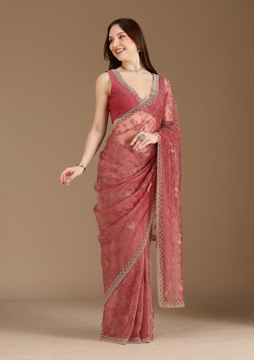 Rust Tissue Threadwork Saree With Matching Blouse Piece