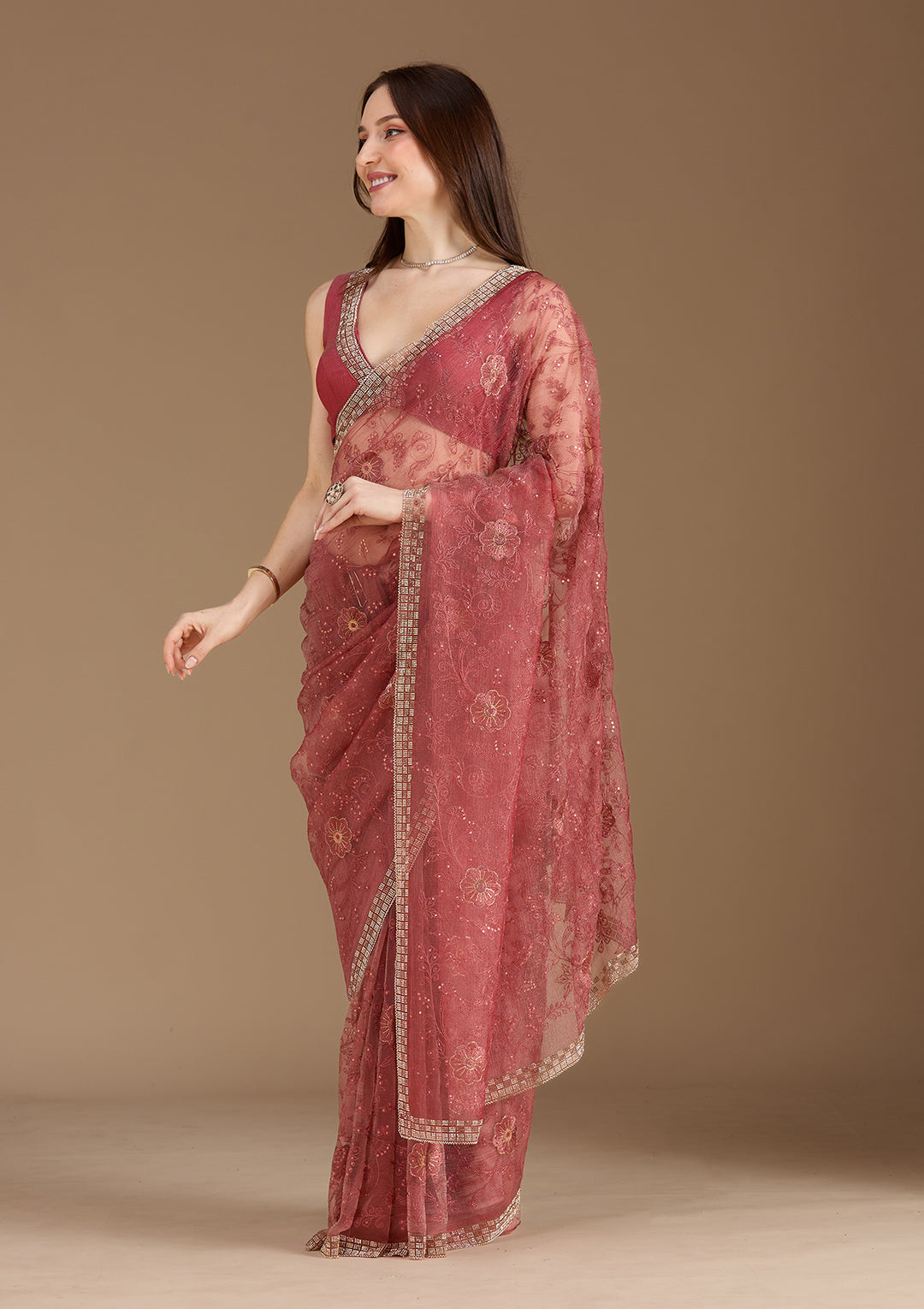 Rust Tissue Threadwork Saree With Matching Blouse Piece