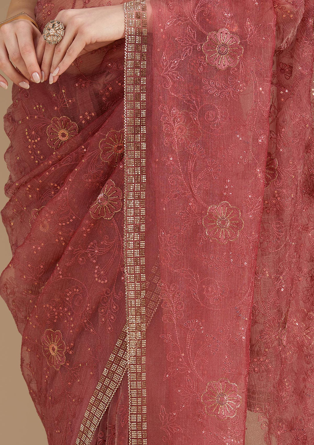 Rust Tissue Threadwork Saree With Matching Blouse Piece