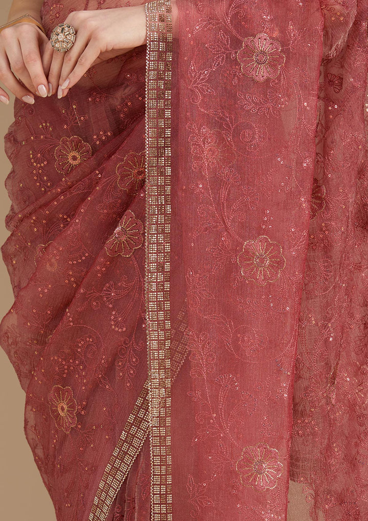 Rust Tissue Threadwork Saree With Matching Blouse Piece