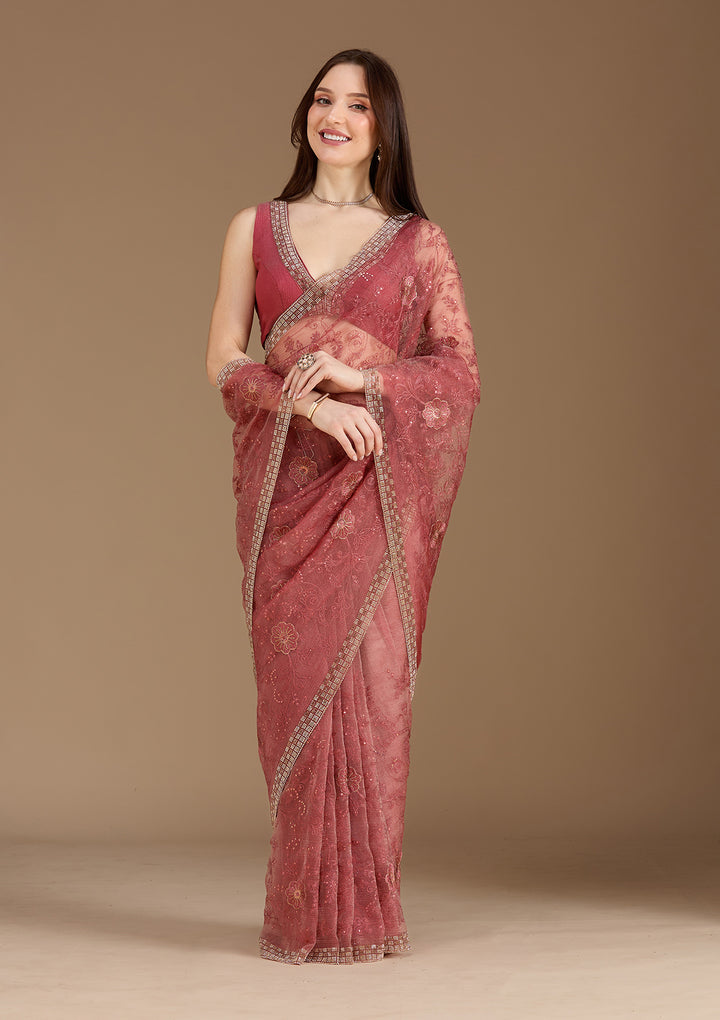 Rust Tissue Threadwork Saree With Matching Blouse Piece